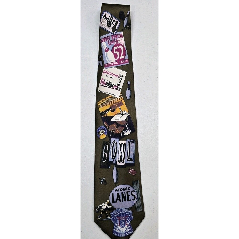 Expressions Mens Neck Tie 100% Silk Novelty Bowling Atomic Lanes Pins Bowl